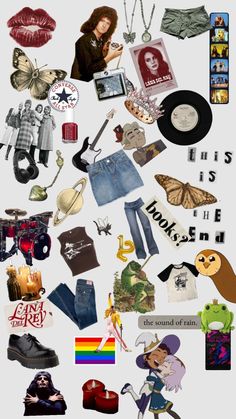 a collage of various items that include clothing, shoes, and other things to describe