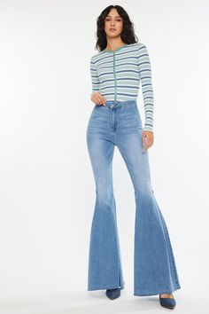 Our Beverly High Rise Super Flare jeans are the perfect pair of trendy flare jeans with a wider flare for that ultimate retro vibe. Comes in soft buttery stretch denim that melts to your every curve up to the knees where it flares out wider as it goes to the hems, Features subtle fading, whiskering, darts above the back pockets, and seam detail along the back of the knee. These jeans only come with pockets on the back for a figure-flattering look. Comes with a single-button closure and a zip fly Luxury Trendy Rigid Denim Flare Jeans, Trendy Jeans Flare, Trendy Full-length Flares For Fall, Trendy Full-length Fall Flares, Trendy Full Length Flares For Fall, Trendy Full Length Fall Flares, Trendy Stretch Denim Blue Flares, Trendy Stretch Flare Jeans With Flared Hem, Trendy Stretch Jeans With Flared Hem