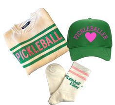 two hats, one white and one green with the words pickleball on it