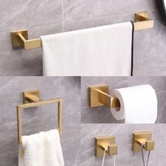 three pictures of gold bathroom accessories on the wall and in front of it is a white towel hanging from a brass - plated holder