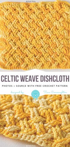 the cover of celtic weave dishcloth, with text overlays that reads'celtic weave dishcloth photos source free crochet pattern