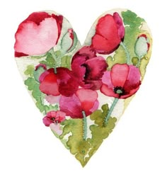 a heart shaped painting with red and pink flowers