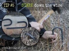 a person kneeling down in the grass with a stick and some wire attached to it