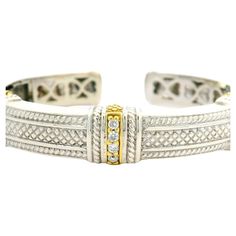 –Stone(s)– (4) Natural Genuine Diamonds - Round Brilliant Cut - Pave Set - VS1/VS2 Clarity - G/H Color - 0.12ctw (approx.) Material: Sterling Silver .925 - 18k Yellow Gold Weight: 43.5 Grams Type: Hinged Open Cuff Bangle Bracelet Length: Will comfortably fit up to 6.5” wrist (fitted on wrist) Width: 11.68mm (0.46”) (approx.) Thickness: 6.4mm rise off wrist Condition: Excellent condition! Stock Number: JO-93021705-04172414 Judith Ripka, Cuff Bangle Bracelet, Rope Design, Cuff Bangles, Diamond Bracelets, Silver Diamonds, Cuff Bracelets, Bangle Bracelets, Jewelry Bracelets