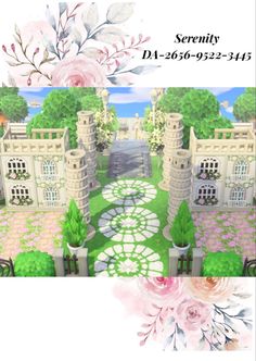 an image of a castle with flowers and trees in the foreground, and a photo of