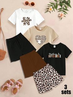 Young Girl 3pcs/Set Fashionable Leopard Patchwork Heart & Letter Print Short Sleeve T-Shirt And Leggings Set Multicolor Casual  Short Sleeve Knitted Fabric Geometric,Leopard Print,Letter,Textured Pattern  Slight Stretch  Young Girls Clothing, size features are:Bust: ,Length: ,Sleeve Length: Patchwork Heart, Heart Letter, Outdoor Bag, Leggings Set, Textures Patterns, Letter Print, Printed Shorts