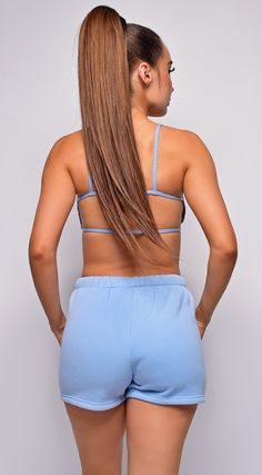 Cozy lounge set High waist sweatshorts Soft rib crop tank 96% rayon, 4% spandex contrast : 50% polyester, 50% cotton Model is wearing size Small Fitted Blue Crop Top For Loungewear, Blue Seamless Crop Top For Loungewear, Blue Activewear With Built-in Shorts, Blue Moisture-wicking Sportswear Crop Top, Blue Compressive Activewear Shorts, Cozy Lounge, Crop Top And Shorts, Lounge Sets, Blue Shorts