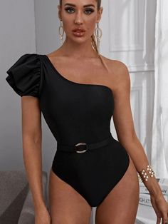 F00167882-105 Shoulder Belt, One Shoulder Swimsuit, Black One Piece Swimsuit, Black Swimwear, Black One Piece, One Piece For Women, Black Swimsuit, One Piece Swimwear, Women Swimsuits