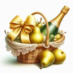 a basket filled with lots of different types of fruit and wine next to a bottle of champagne