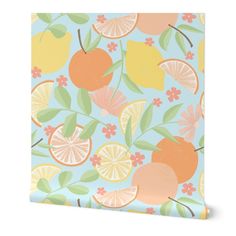 an orange and lemon pattern on a blue background