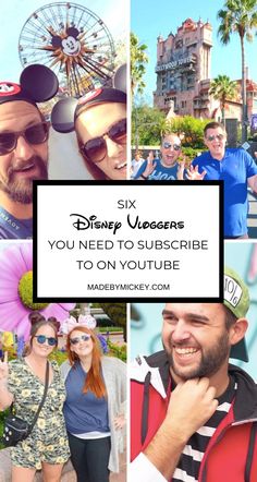 people are posing for pictures in front of the disneyland theme park with text overlay that says, you need to subscibe to on youtube