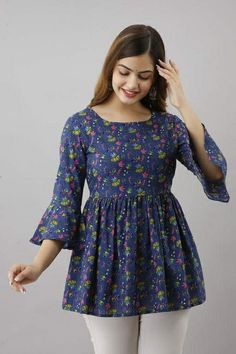 Short Kurthis Models, Kurthi Tops Designs, Printed Tops For Women, Trendy Cotton Tops, Fusion Outfits, Stylish Kurtis Design, Dresses Western