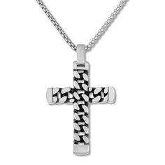 Crafted of stainless steel, this distinctive men's cross necklace features a curb chain design. The 24-inch box chain fastens with a lobster clasp. Silver Cross Curb Chain Necklace, Silver Cross Chain Necklace With Curb Chain, Silver Cross Necklace With Curb Chain, Silver Curb Chain Necklace With Cross Pendant, Stainless Steel Cross Pendant Chain Necklace, Stainless Steel Cross Necklace With Curb Chain, Stainless Steel Cross Chain Necklace, Chain Cross Necklace, Mens Cross Necklace