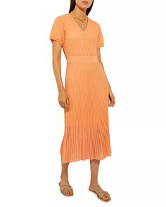 Misook - Pleated Midi Dress Elegant Orange Midi Dress With Short Sleeves, Elegant Orange Short Sleeve Midi Dress, Chic Orange Pleated Midi Dress, Orange Pleated Midi Dress For Spring, Elegant Orange Pleated Maxi Dress, Elegant Orange Midi Dress For Brunch, Elegant Orange Maxi Dress For Day Out, Elegant Orange Midi Dress For Spring, Pleated Midi Dress