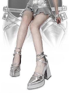 Step into edgy elegance with our crisscross ankle straps silver pointed-toe Gothic high heels. These striking heels feature a silver color and a pointed-toe design that exudes a gothic allure. The crisscross ankle straps add a touch of drama and sophistication to elevate any outfit.  Please note that this product includes only one pair of shoes.  Garment Size   	 		 			Size 			34 			35 			36 			37 			38 			39 			40 		 		 			Foot Length 			21.6-22.0 			22.1-22.5 			22.6-23.0 			23.1-23.5 			23.6- Silver Platform Heels With Ankle Strap, Silver Platform Heels With Pointed Toe, Spring Party Punk Heels, Edgy Silver Heels With Round Toe, Silver Fitted Platform Heels, Fitted Silver Platform Heels, Edgy Silver Party Heels, Gothic High Heels, Steampunk Fashion Female