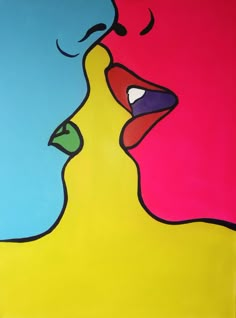 a painting of two people kissing each other on a blue, yellow and pink background