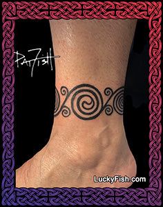 a tattoo on the foot of a person with a spiral design around it's ankle