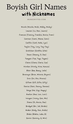 a list of names for boys and girls in english or spanish, with the words boyish girl names