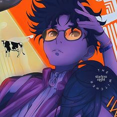 an anime character with glasses and a cow in the background