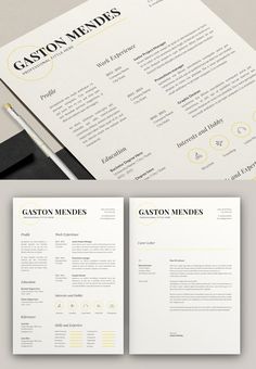 a clean and modern resume template with yellow accents on the front, back and sides