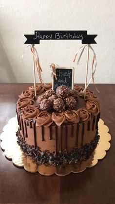 a birthday cake with chocolate frosting and candies