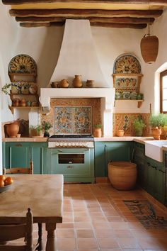 a kitchen with green cabinets and tile flooring is pictured in this image, there are potted plants on the stove