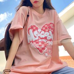 Harajuku Pink, Y2k Shirts, Pink Love Heart, Heart Shirt, Girls Prints, Bear Print, Print Tee, Pink Love, Printed Tees