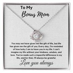 Looking for the perfect gift to express your love and appreciation to your  Bonus Mom Gift for Step Mother Gift From Bride, Step Mom Gift For Stepmom Necklace . Look no further than this amazing necklace from Treasure Love Notes.  Imagine her reaction receiving this beautiful Love Knot Necklace. Representing an unbreakable bond between two souls, this piece features a beautiful pendant embellished with premium cubic zirconia crystals. Surprise your loved one with this gorgeous gift today! 14k white gold over stainless steel or 18k yellow gold over stainless steel 6mm round cut cubic zirconia stone Pendant dimensions: 0.6" (15.7mm) height / 0.23" (6mm) width Adjustable chain length: 18" - 22" (45.72cm - 55.88cm) Lobster clasp attachment Your piece is lovingly packaged in a complimentary sof Step Mother Gifts, Bonus Mom Gifts, Mom Wedding Gift, Bonus Mom, Step Mom Gifts, Step Mom, How Lucky Am I, Mom Wedding, Step Mother