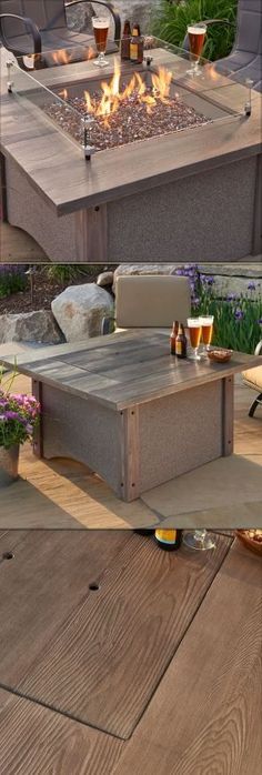 an outdoor fire pit sitting on top of a wooden deck