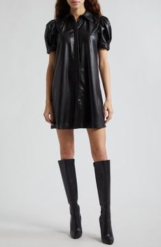 Make a bold, modern statement in this mini-length shirtdress made from sleek faux leather. 33 1/2" length (size Medium) Hidden-button placket Point collar Short sleeves 100% polyester with polyurethane coating Dry clean Imported Leather Dress And Boots, Leather Dress Outfit, Couture Runway, Leather Dress, Shirtdress, Alice Olivia, Button Placket, Shift Dress, Luxury Branding