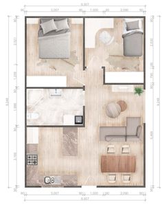 the floor plan for a small apartment with one bedroom and living room, which is divided into two separate areas