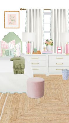 the bedroom is decorated in pastel colors