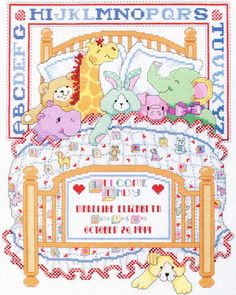 a cross stitch pattern for a baby's bed with stuffed animals on the covers