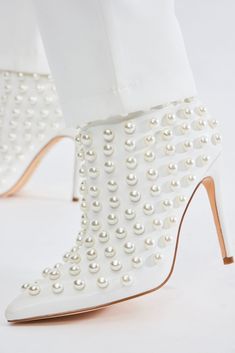 Chloe Pearl Stiletto Booties - Off White/combo | Fashion Nova, Shoes | Fashion Nova Winter Wedding Heels, White Dress Shoes For Women, Chloe Pearl, Modern Wedding Shoes, White Short Boots, Pearl Boots, Stylish Womens Hats, Rhinestone Boots, Pearl Embellishment