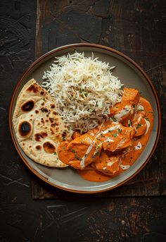 a plate filled with rice, chicken and naan bread on top of a wooden table