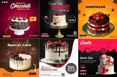 a series of ads for cakes and desserts, with different designs on the front