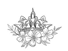 a black and white drawing of flowers with leaves on the bottom, surrounded by an ornate crown