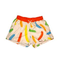 Playful Swim Trunks With Elastic Waistband, Playful Short Swim Trunks With Elastic Waistband, Multicolor Athletic Shorts With Built-in Shorts For Spring, Fun White Shorts For Beach, Fun White Beach Shorts, Fun Shorts With Elastic Waistband, Playful Short Swim Trunks For Spring, Multicolor Stretch Athletic Shorts For Summer, Playful Stretch Shorts For Vacation