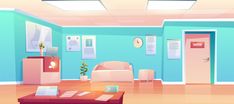 a cartoon living room with blue walls and pink furniture