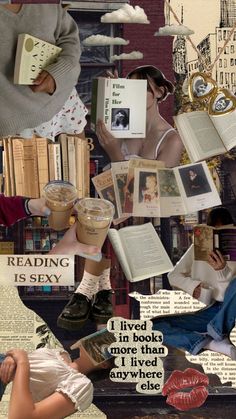 collage of people reading books and drinking coffee