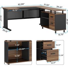 an image of a desk with measurements for the top and bottom drawers on each side