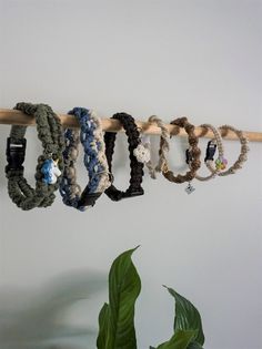 several bracelets are hanging on a wooden rack next to a potted green plant