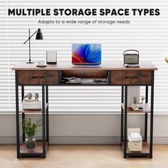 an office desk with multiple storage space types