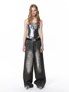 Material: 100% Cotton
Model: 173cm/43kg



Length
Waist
Hip


S
110cm
74cm
98cm


M
112cm
78cm
102cm


L
114cm
82cm
106cm Edgy Denim Pants, Edgy Full-length Denim Pants, Edgy High Rise Pants With Five Pockets, Edgy Dark Wash Wide Leg Bottoms, Edgy Full Length Denim Bottoms, Edgy Relaxed Fit Bottoms With Five Pockets, Edgy Dark Wash Straight Leg Pants, Fitted Wide Leg Rigid Denim Pants, Edgy Spring Pants With Five Pockets