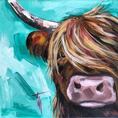 a painting of a brown cow with long hair on it's face and horns