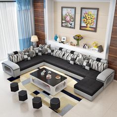 a modern living room with black and white furniture