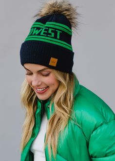 Navy and green Midwest knit pom hat Natural faux fur pom accent Crown patch on the left side One size 100% Acrylic *All sale items are FINAL SALE. Cozy Beanie, Trendy Winter, Functional Fashion, Winter Hats For Women, Navy Green, Pom Pom Hat, Pom Beanie, Fur Pom Pom, Navy And Green