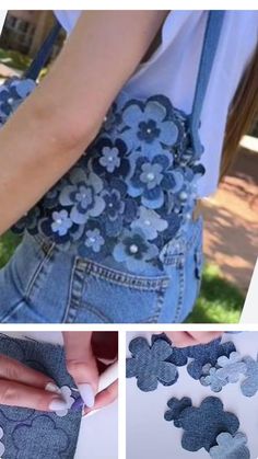 four pictures showing different ways to sew an appliqued jean skirt with flowers