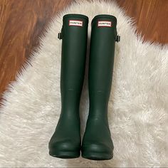 These Gorgeous Hunter Boots Are A Deep Green Color. Still Have Original Stickers, And Treads Look Brand New. I Am Reposhing This Item I Purchased From @Thrifty__findz. I Really Loved These Boots, But Never Used. These Are In Pristine Condition! Great For The Upcoming Autumn Season. Questions? Leave A Comment Below! Classic Green Winter Boots, Hunter Boots Outfit, Deep Green Color, Tall Rain Boots, Hunter Shoes, Women Hunters, Autumn Season, Deep Green, Hunter Green