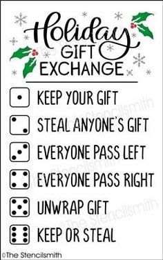 a christmas gift exchange with the words holiday, keep your gift, steal anyone's gift